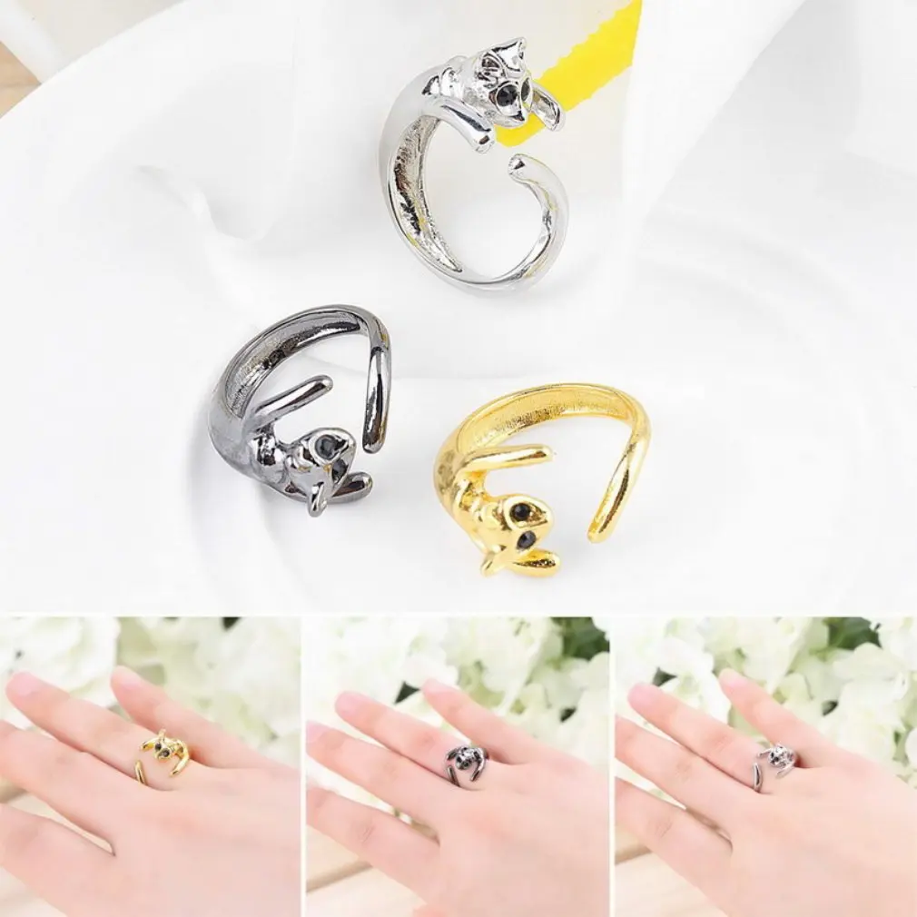 

1 Pcs Gothic Ladies Cool Silver Plated Kitten Cat Ring With Crystal Eyes Unique Ring Gift Women's Jewelry Cute Gift 100% Hot New