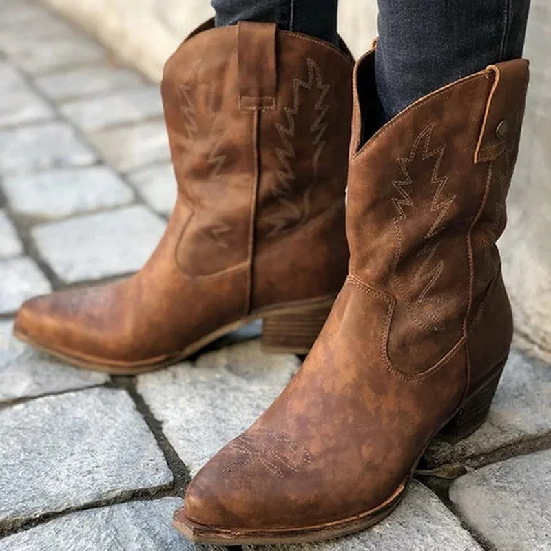 Classic Embroidered Western Cowboy Ankle Boots for Women Leather
Cowgirl Boots Low Heels Shoes Chunky Heels Woman Boots Handmade