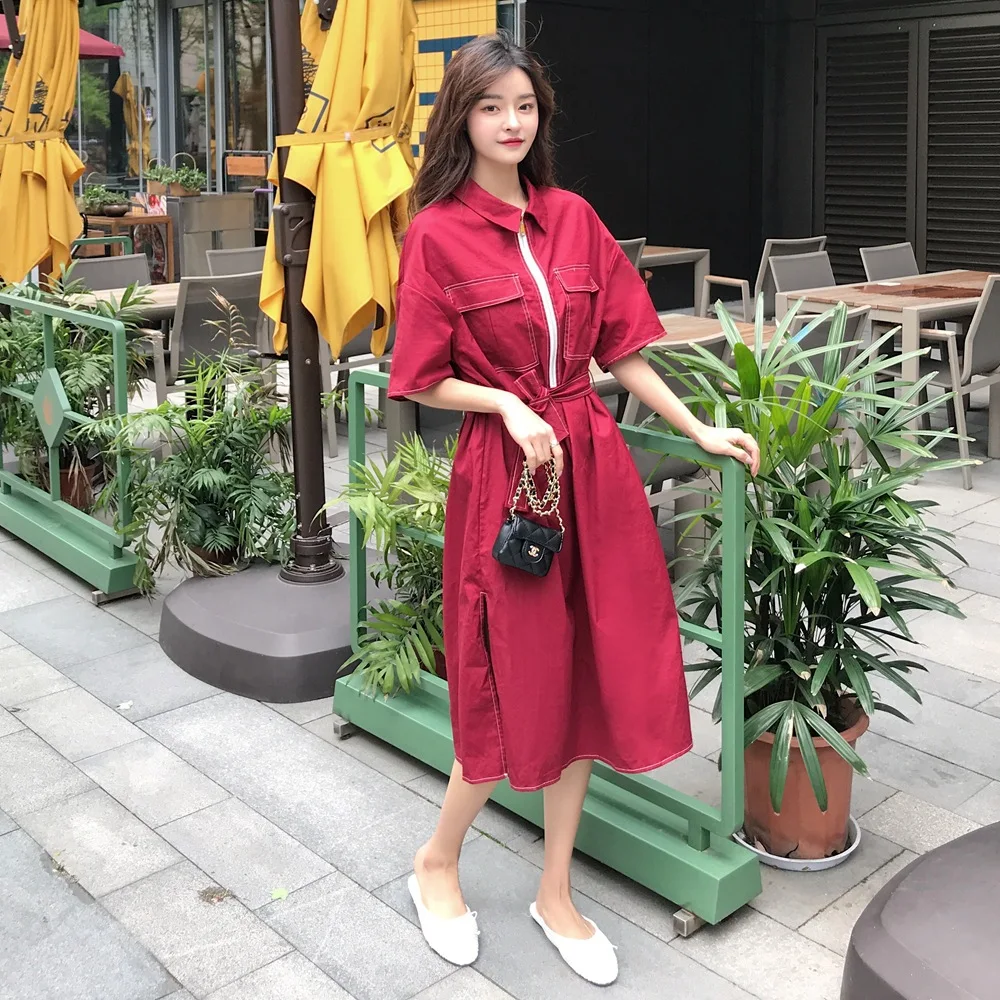

Photo Shoot 2019 Summer New Style Korean-style WOMEN'S Wear-Style Retro CHIC-Style Contrast Color Open Wire Shirt Skirt Dress