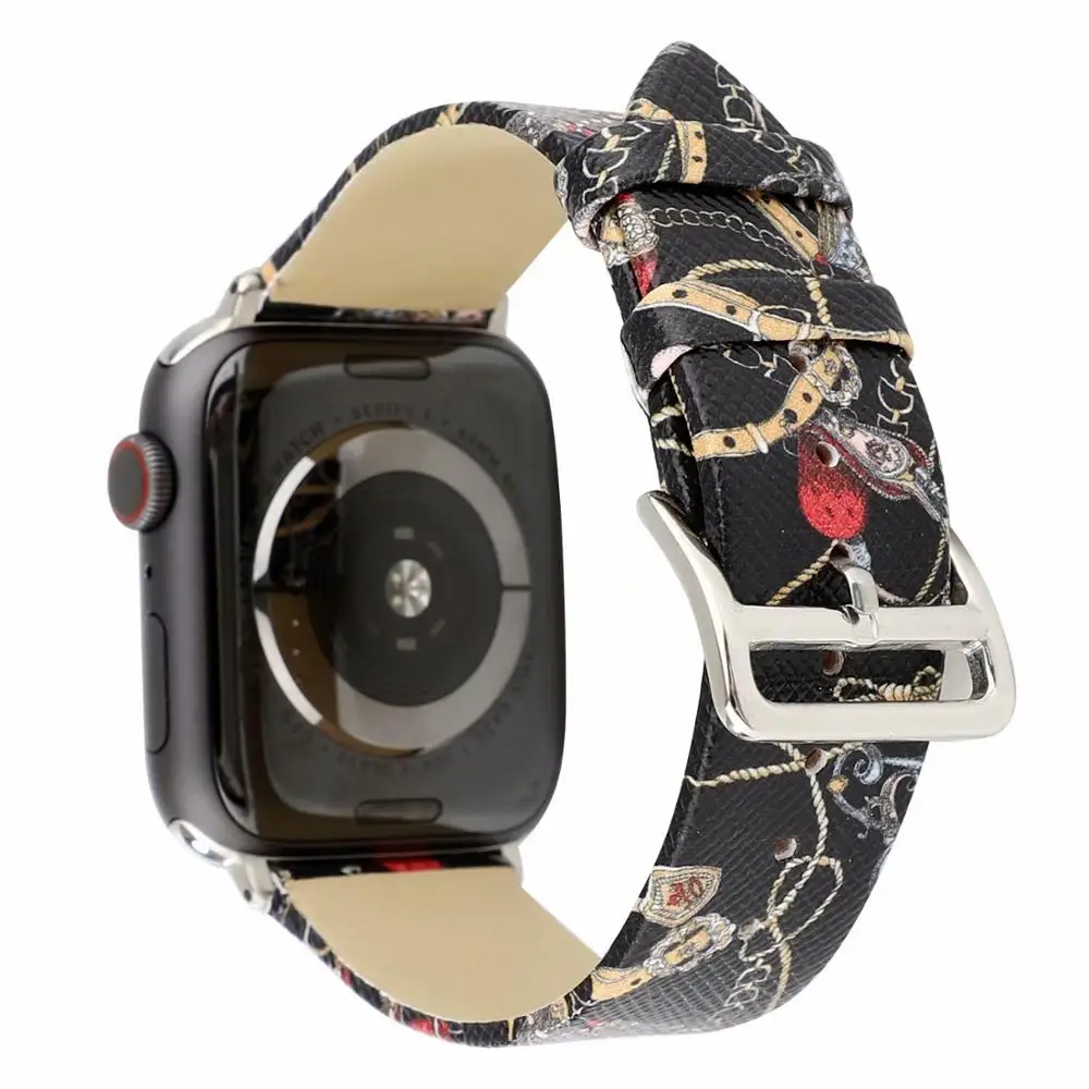 Мультфильм цепи узором ремешок для наручных часов Apple Watch Series 5 4 44/40 мм дышащей кожи браслет ремешок для наручных часов iwatch серии, версия 1, 2, 3, ремешок 42/38 мм - Цвет ремешка: Black