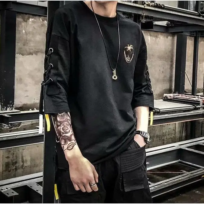 Idopy Korean Fashion Men`s Street Style Lace Punk Gothic Pullover Designer Steampunk Hem Hip Hop Sweatshirts Shirts Tees