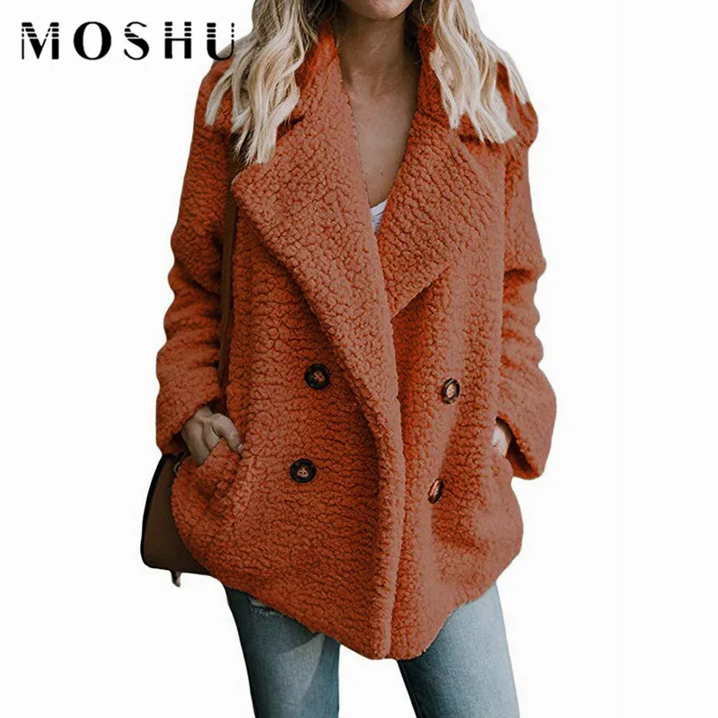 Koop Teddy Jas Vrouw Revers Faux Bontjassen Lange Mouw Pluizige Nep Bont Jassen Winter Dikke Warme Vrouwelijke Zakken Plus Size overjas