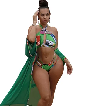 

Summer Bikini 3PCS Swimwear Women Green Print Beach Wear Bikini Set and Swimsuit Cover Up Chiffon Cardigan Beach Outings 2019