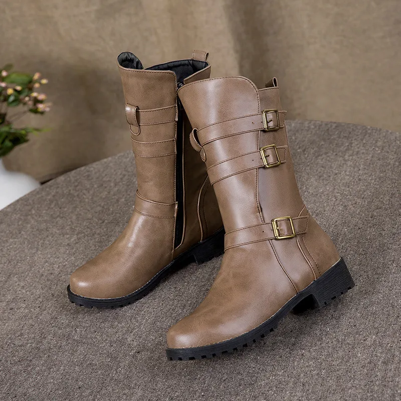 MoonMeek winter keep warm pu leather mid calf boots low heel round toe buckle black comfortable half boots for woman