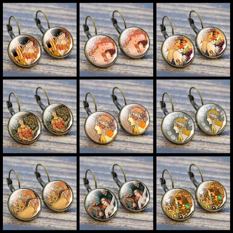 Винтажные Ювелирные изделия Густава Климта поцелуй матери и ребенка серьги художественный амулет ушной крючок Стеклянные Кабошоны ювелирные изделия подарок на день матери