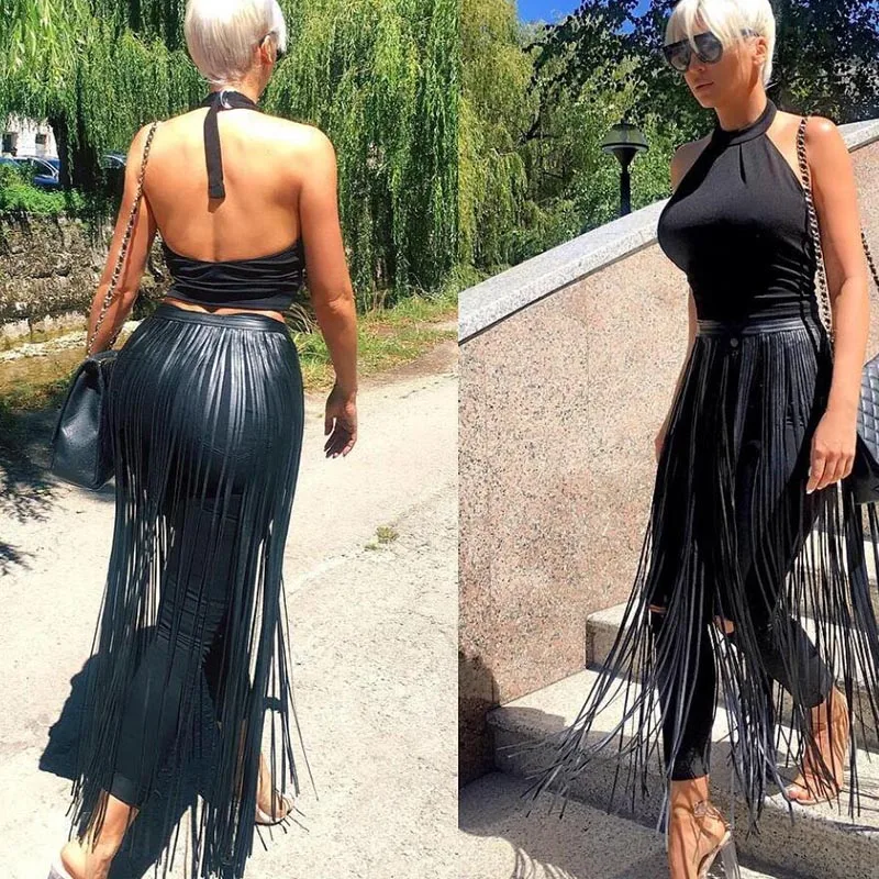 Boho женские сексуальные кожаные юбки с кисточками панк готический пояс Длинная Бахрома черная высокая талия с поясом Клубные вечерние юбки