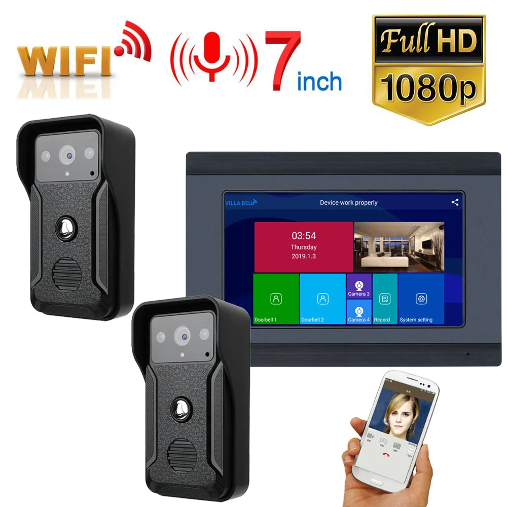 7 inch Wired Wifi Video Door Phone Doorbell Intercom Entry System with 2pcs HD 1080P Wired Camera Night Vision