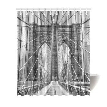 

Vintage Waterproof Shower Curtain Decor, Brooklyn Bridge Snow Scene New York City Fabric Bathroom Set with Hooks, 72(Wide) x