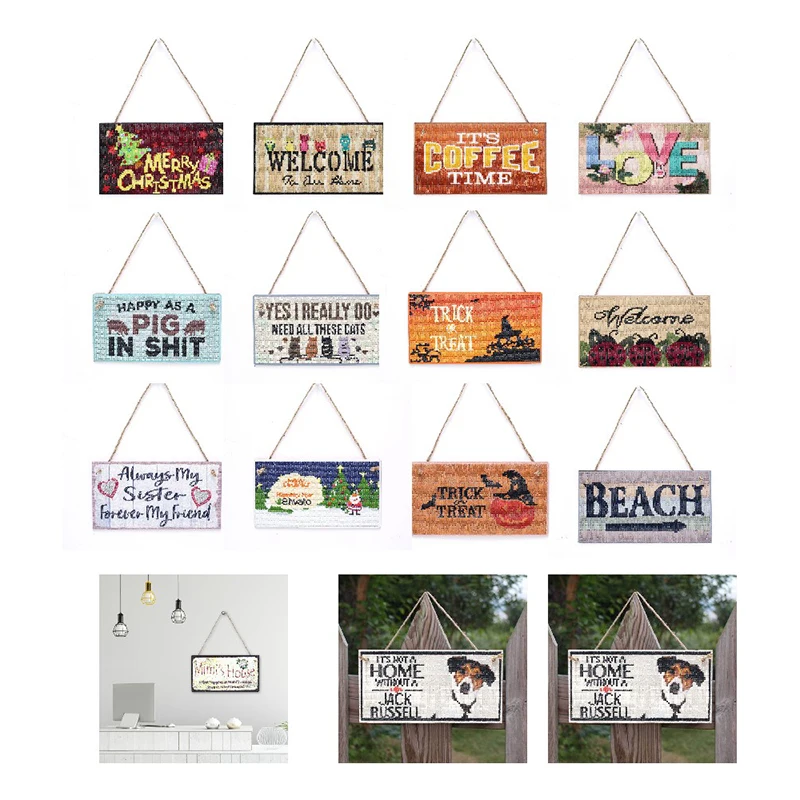 

2022 New Year Home Decoration Gift 5D DIY Special-Shaped Diamond Painting Christmas Wooden Hanging Sign Welcome Brand Pendant