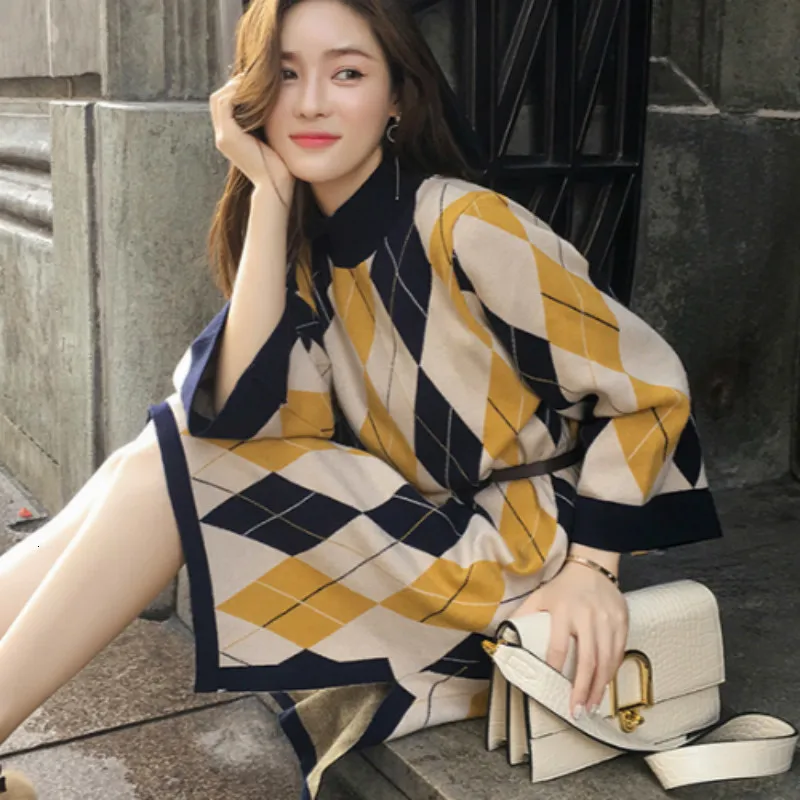 Autumn Winter Women Knitted Split Sweater Dress Hit Color Plaid Thick Long Sleeve Loose Casual Christmas Dress Vestido With Belt