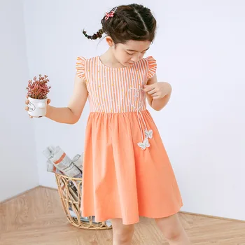 

2020 Summer New Kids Girls Cute Fly Sleeve Dress Korean Style Teen Girls Cotton Dress Children Stripe Patchwork Dresses, #8759