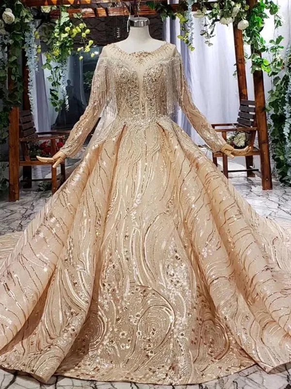 as picture HTL676 роскошное торжественное платье Длинные рукава Королевский поезд бисер аппликации бальный наряд на шнуровке со складками брак платье для выпускного вечера; robe de Mariage - Color: as picture