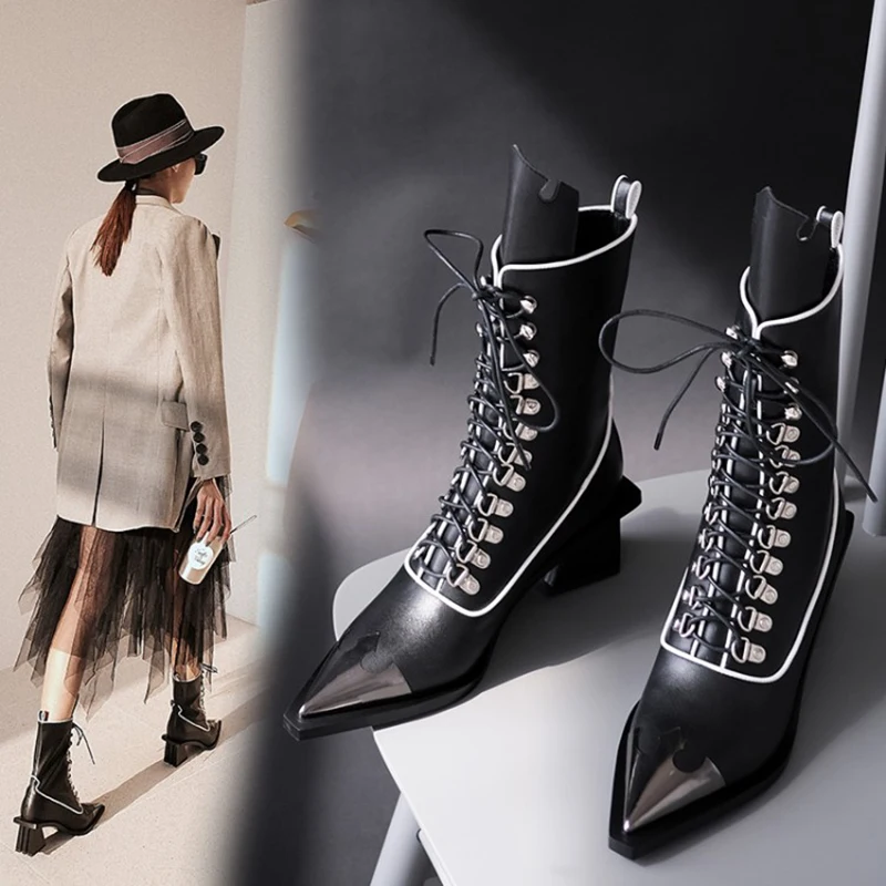 

Zorssar Women Riding Boot Knight Boot With Top Layer Leather Pointed Lace-up Riding Boots Wearable Horseshoe Heels Knight Boots