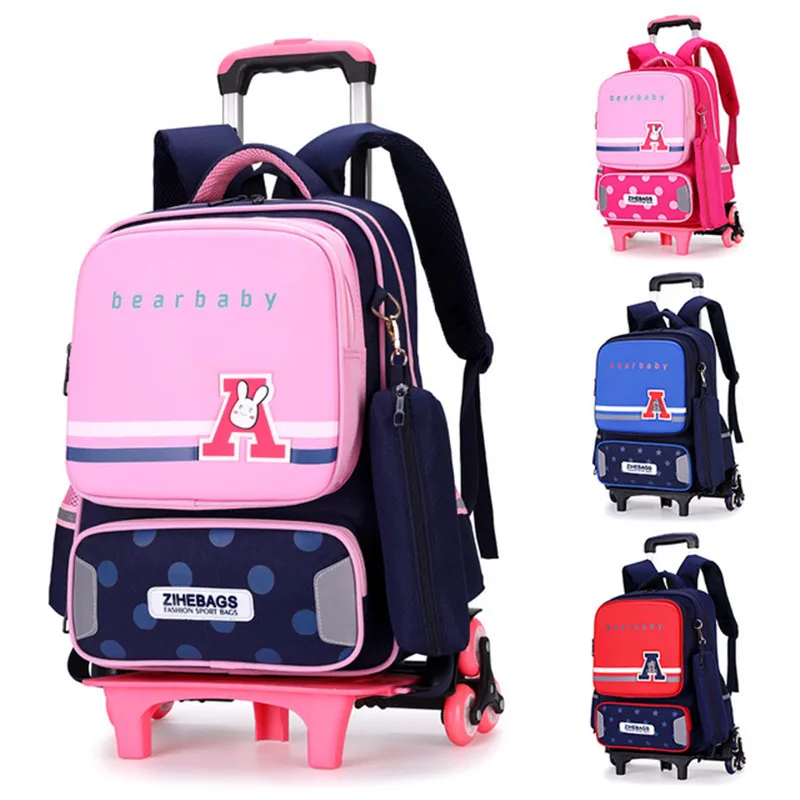 Removable 2 / 6 Wheels Girls Waterproof Schoolbag Boy Trolley Bag