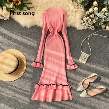 

First song Women's Sexy O-Neck Knit Sweater Ruffle Dress 2019New Autumn Ruffle Sleeve Tight Elastic Waist Ladies Long Dress XL