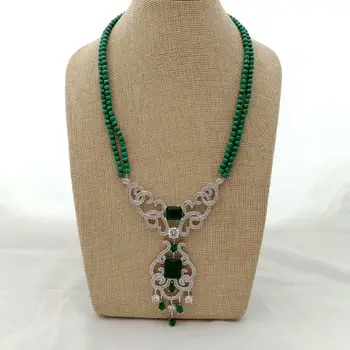 

19'' 2 Rows Natural 6mm Green Malachite Necklace CZ Pendant