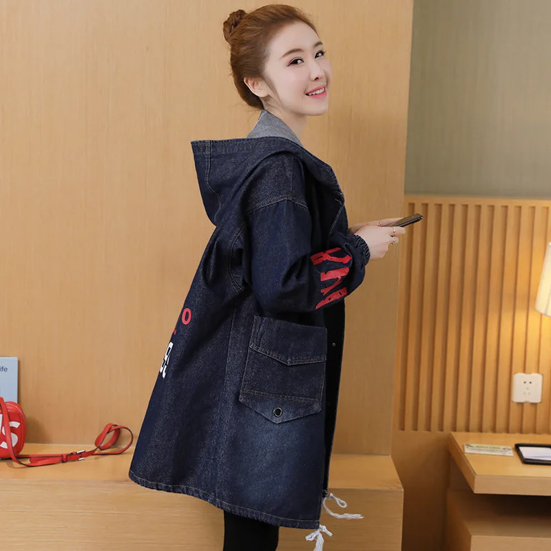 

Large Size Dress 2019 New Style Printed Letter Contrast Color Hooded Loose-Fit Big Coat Bat Sleeve Denim Top 5905