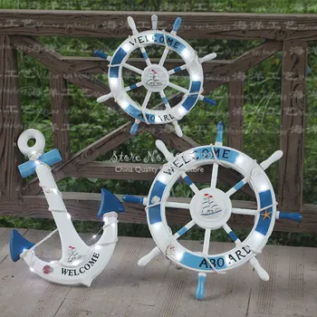 

45cm Mediterranean Style Decorative Ornaments Wooden Rudder Wall Bar Decoration Helmsman Wood Crafts with LED Light