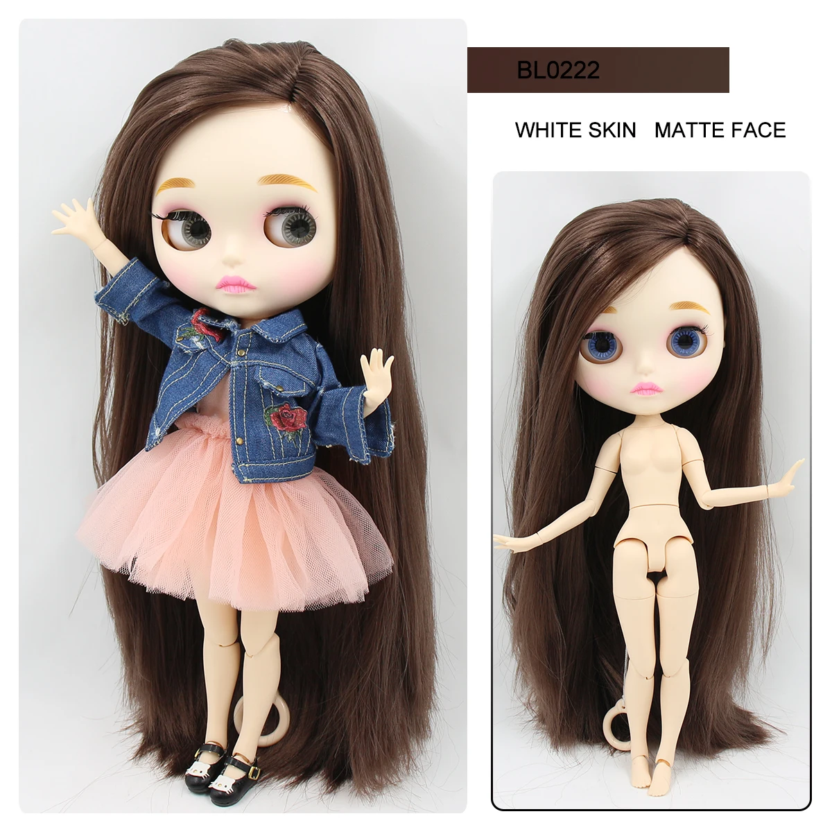 Neo Blythe Doll with Brown Hair, White Skin, Matte Pouty Face & Custom Jointed Body 1