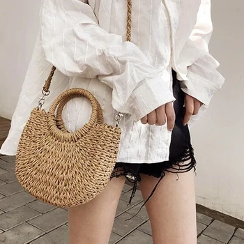 

2020 New Fashion Handmade Women Straw Bag Half-Round Rattan Woven Straw Bag Summer Big Capacity