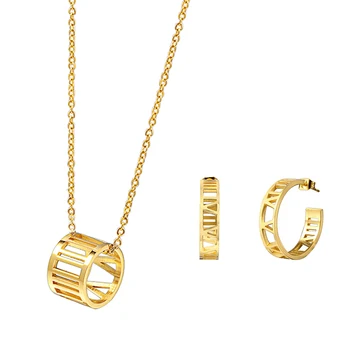

RIR Fashion Roman Numbers Jewelry Set Gold and Silver Stainless Steel Round Rings Hollow Necklace with Hoop Earrings