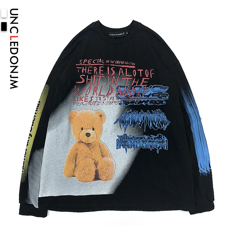 UNCLEDONJM Teddy Bear Футболка с узором в стиле граффити для женщин 2019AW с длинным рукавом Повседневные хлопковые футболки Harajuku уличная хип-хоп Футболка R04
