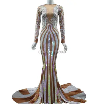 

New Mutilcolor Sequins Long Sleeve Rhinestones Dress Women Prom Party Celebrate Party Long Tail Dress Sexy Evening Bodycon Dress