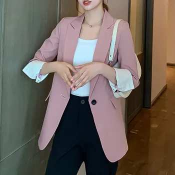 

Chic Spring New Fashion Blazer Jacket Women Casual Pockets Long Sleeve Work Suit Coat Office Lady Solid Pink Black Slim Blazers