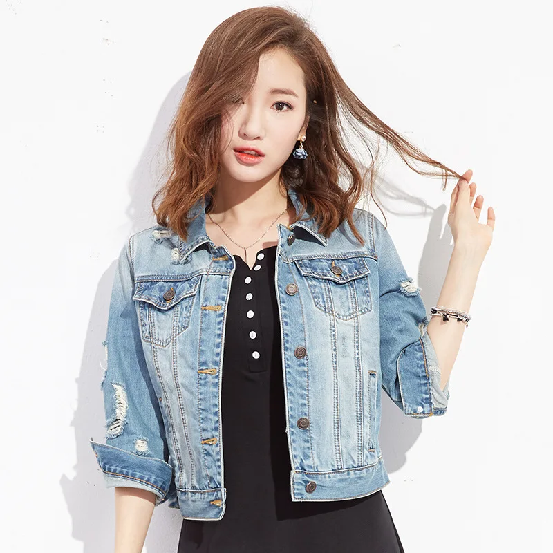 

Spring And Autumn New Style with Holes Jeans Coat Women's Short Cowboy Clothing Retro Tannin Jacket Students