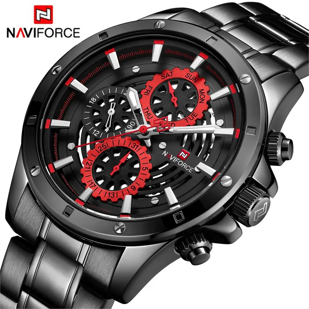 

NAVIFORCE Top New Fashion Sport Watch Men Luxury Quartz Wristwatch 3Bar Waterproof Full Steel Male Black Red Relogio Masculino