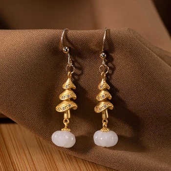 

One LuYin S925 pure silver hetian jade white jade pumpkin gold-plated Christmas tree earrings eardrop ms personality