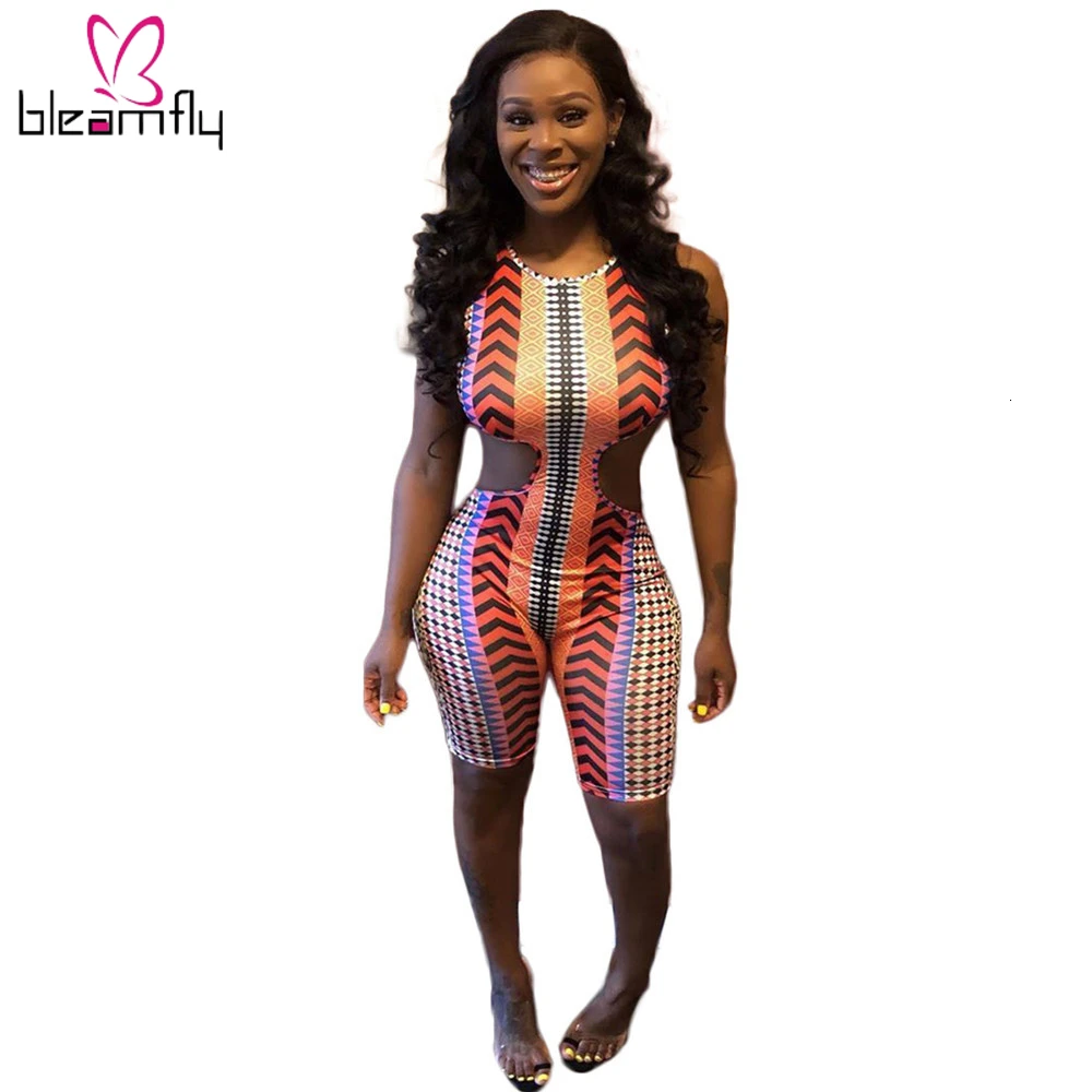

2019 Women Summer New Geometric Print Cut Out Open Back Sexy Skinny Jumpsuit Streetwear Casual Romper Bodycon Playsuit 2 Color