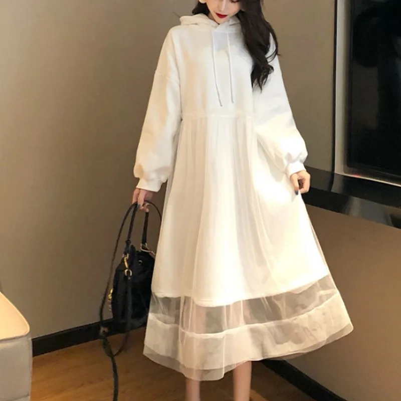 

Casual Korean Women Dress Mesh Stitching Autumn Dress Women Hooded Black White Dress Fashion Vintage Loose Long Sleeve Dress