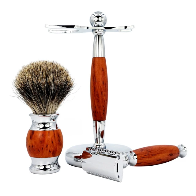 Men's Manual Shaver Set Retro Double-sided Old-fashioned Manual Woodgrain Long Shaver Holder 5