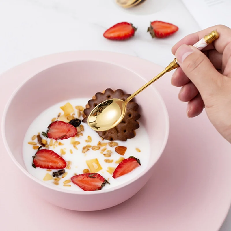Stainless Steel Dessert Spoon Gold Coffee Milk Spoon With Ceramic Long Handle Ice Cream Fruit Cake Honey Stirring Spoons stainless steel spoon tea spoon