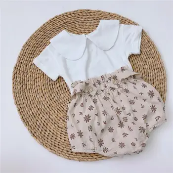 

Facejoyous Baby Short Sleeve Clothes Sets Cotton Girls T-shirt Doll Collar Tops Kids Boys Strap Pants Floral Shorts Outfits