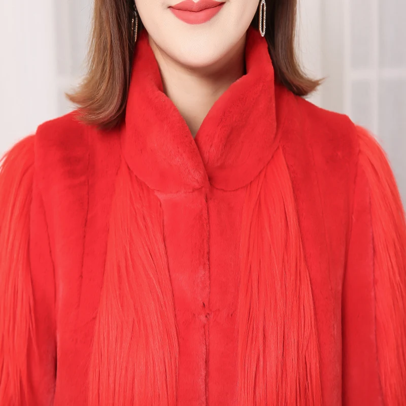 Nerazzurri Красное длинное пальто из искусственного меха женская мода зима элегантный плюс размер лоскутный мех пальто 4xl 5xl 6xl 7xl теплая пушистая верхняя одежда шубки из искусственного меха шуба искусственная
