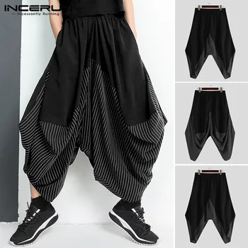 

INCERUN Mens Elastic Waist Patchwork Cropped Pants Man Dark Black Stripes Harem Trousers Stylish Loose Baggy Bottoms For Male