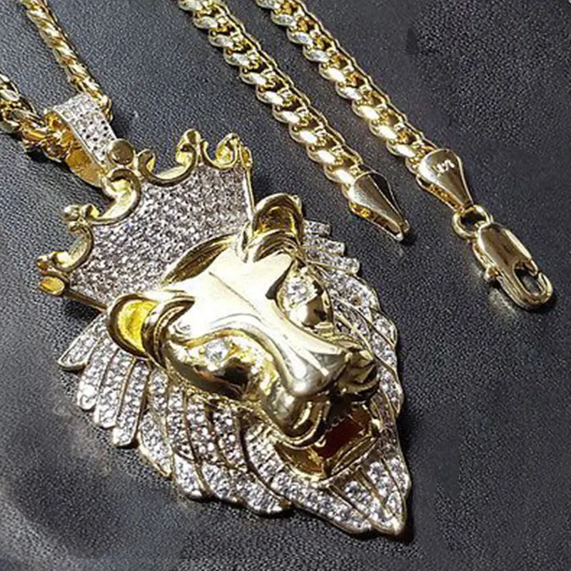 

Milangirl Trendy Hip Hop Rock Punk Lion Head Shape Pendant Necklaces All Crystal Luxury Domineering Necklace for Men Women