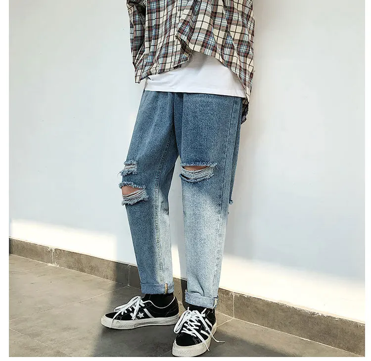 Autumn New Jeans Men Slim Fashion Washed Solid Color Torn Holes Denim Trousers Man Streetwear Wild Hip Hop Jeans Pants Male