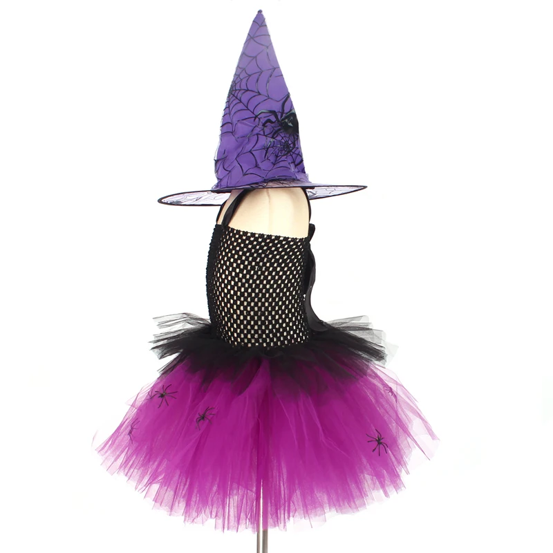 Spider Girls Witch Tutu Dress with Hat Black Purple Children Halloween Carnival Cosplay Witch Costume Kids Party Fancy Dresses (3)