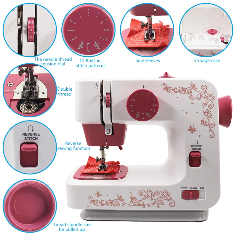 Высокое качество Автоматическая бытовая швейная машина розовый оверлок Швейные машины на батарейках 12 стежков DIY