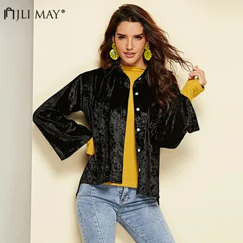 

JLI MAY Black Loose Jacket Velvet Women Solid Casual Jackets And Coats Turn-Down Collar Single Breasted