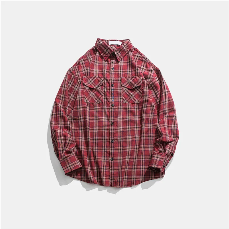 red shirt Dark Icon Front Pockets Red Plaid Shirts Men Long Sleeve Loose Casual Men’s Shirts Checkered Shirts for Men Streetwear Clothing - Цвет: red shirt