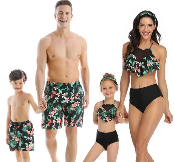 matching swim trunks and bikini