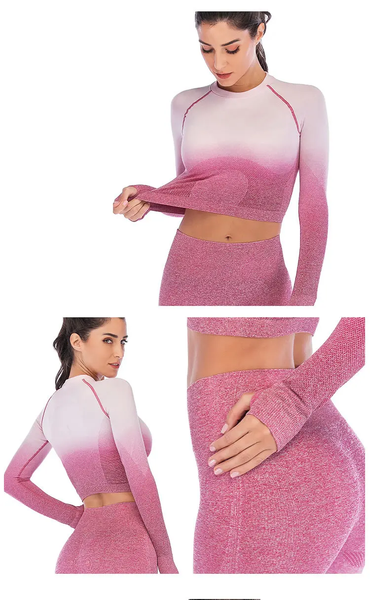 Gradient Color O Neck Long Sleeve Yoga Shirt Women Seamless Fitness T-Shirt with Thumb Holes Workout Tops Breathable Sportswear