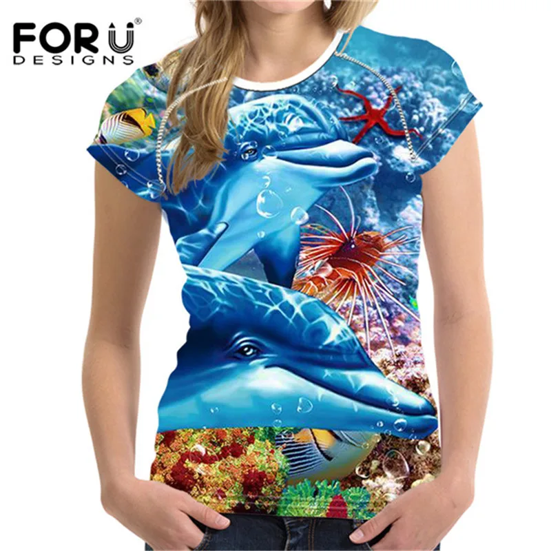 FORUDESIGNS, Брендовая женская футболка, 3D Рисунок дельфина акулы, женские топы, футболки, новинка, женская рубашка, женская футболка