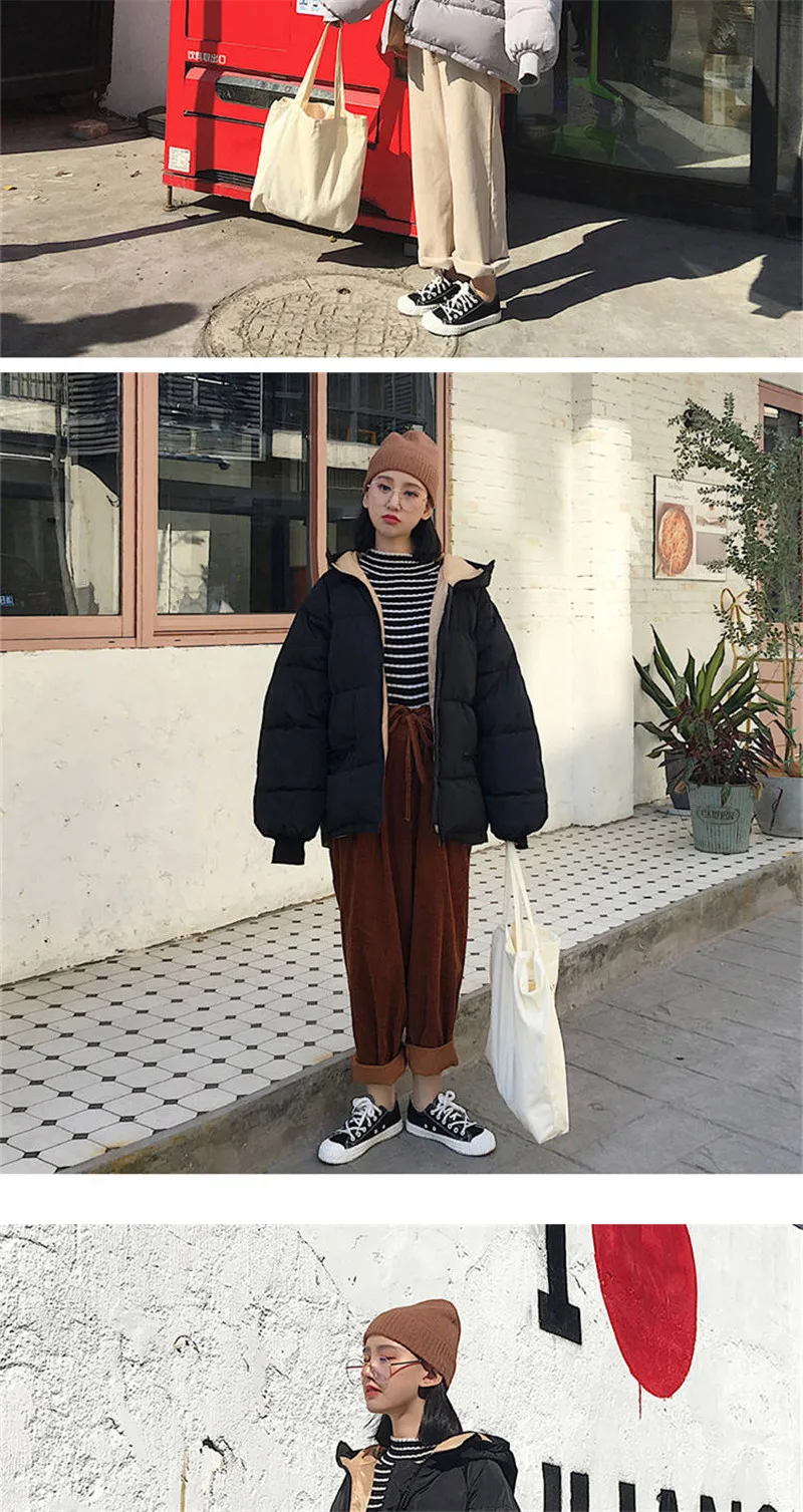 Корейский стиль зимняя куртка женская с капюшоном однотонная черная серая Женская пуховая куртка Свободная негабаритная женская короткая парка осенние толстовки
