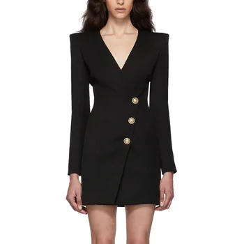 

New hot style 2020 newly contracted classic lion button v neck personality tailored dress