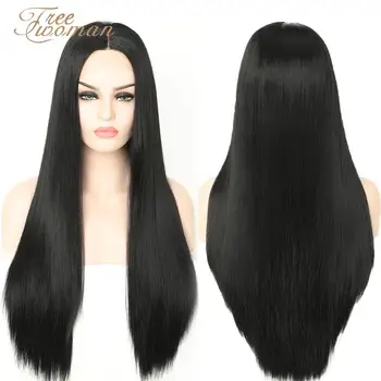 

FREEWOMAN Synthetic Straight Long Wig For Women Daily Wear Full Wig Black Silk Wig Natural Hairline Hair Heat Resistant Fiber